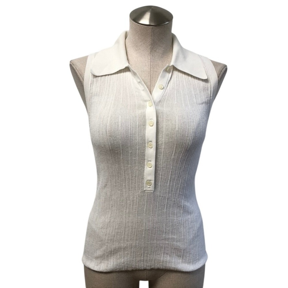 A.L.C. Polo Top Womens Medium White Sleeveless Ribbed Knit Italian‎ Yarn Classic